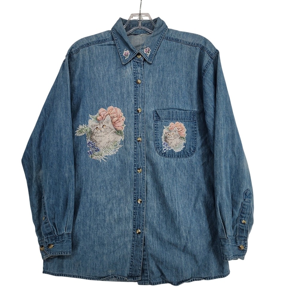 Vintage Blue Denim Cat Floral Embroidered Button Down Shirt Cottagecore Grandma